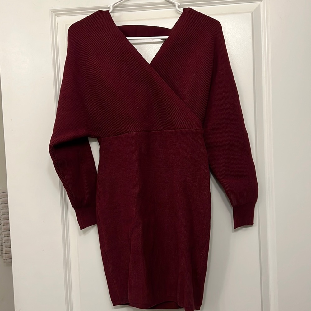 Burgundy small sweater dress.